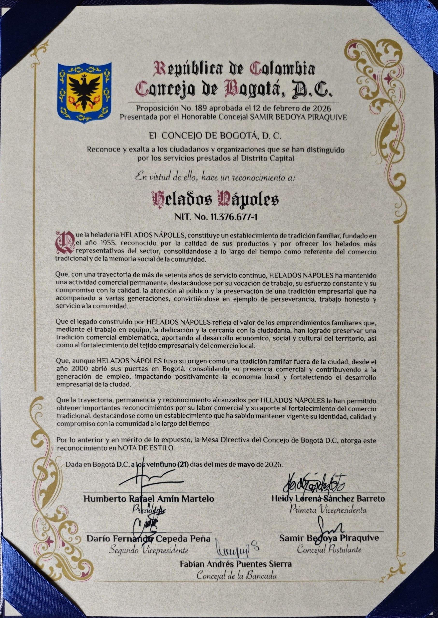 Reconocimiento oficial del Concejo de Bogotá D.C. a Helados Nápoles