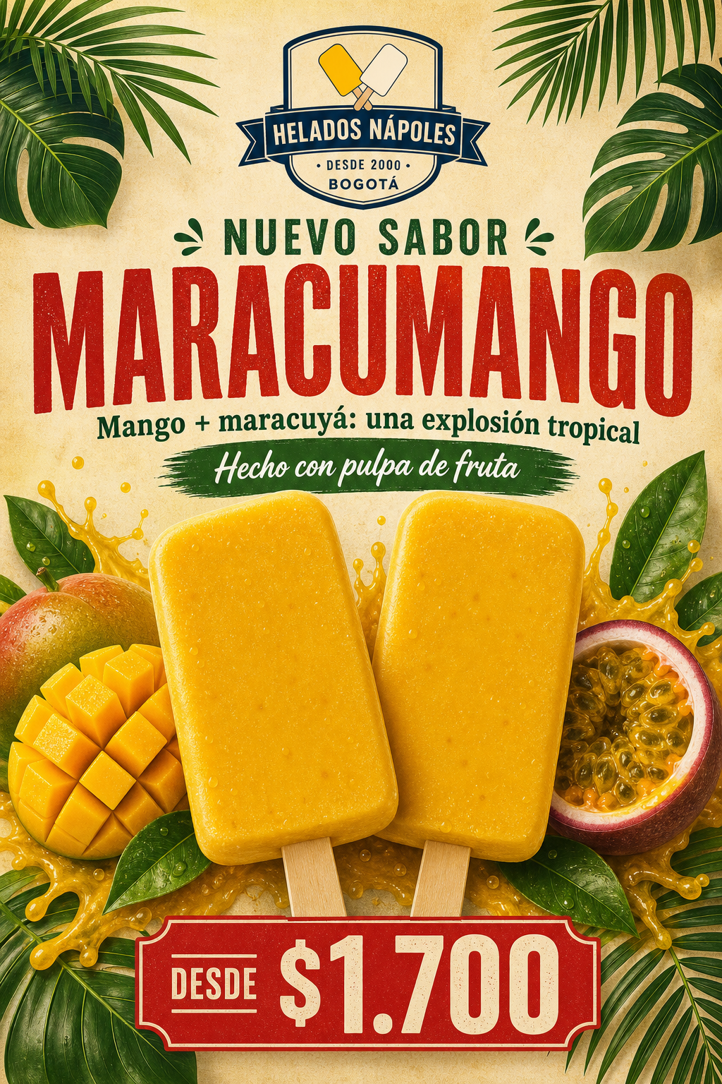 Aviso de Heladería Nápoles con promoción del sabor maracumango